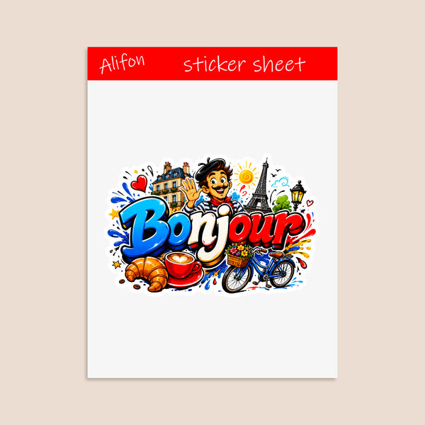 Planche de Stickers Plastifiés « Bonjour » – Élégance, Convivialité & Charme à la Française !
