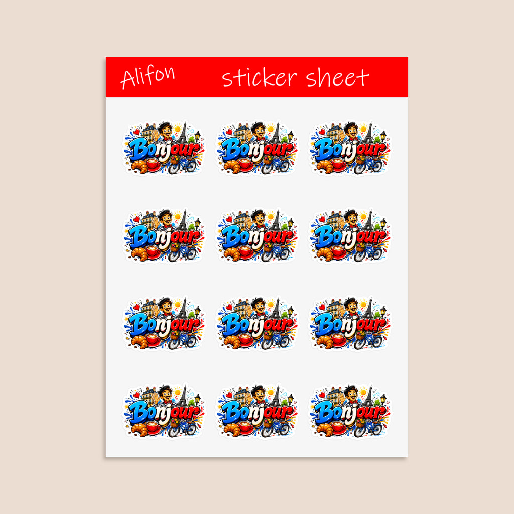 Planche de Stickers Plastifiés « Bonjour » – Élégance, Convivialité & Charme à la Française !
